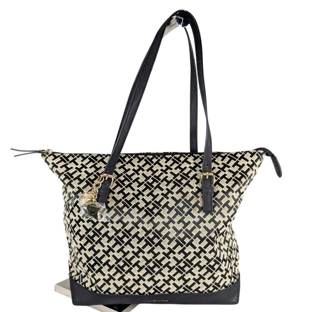 Tommy Hilfiger Black Gray Canvas Jacquard Faux Leather Large Zip Tote